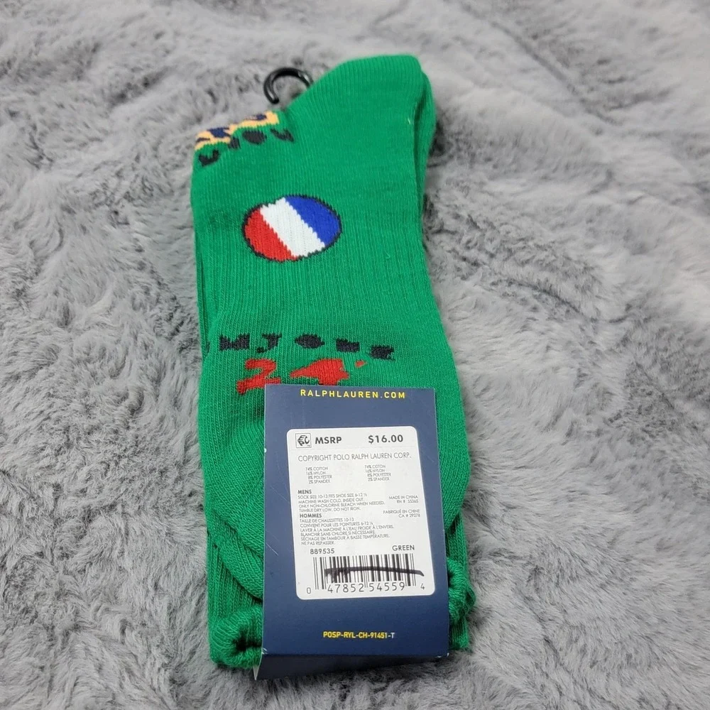 Polo Ralph Lauren Socks Mens 10-13 Green Love Peace Paris France '24 Mid Calf
